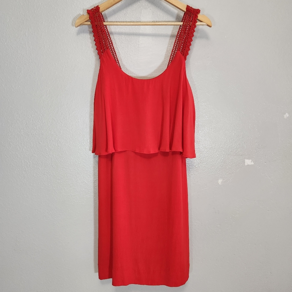 Anthropologie Maeve Womens Dress 4 Coral Red Crochet Sleeveless Layered Mini